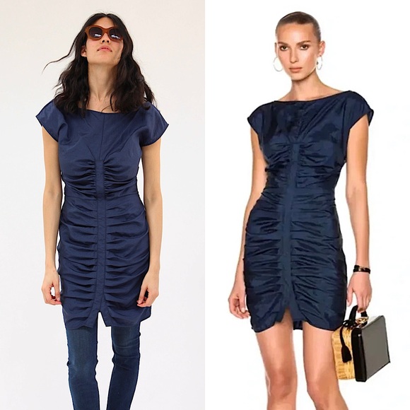 RACHEL COMEY Navy Nylon Ruched Front Boatneck Cap Sleeve V-Back Sheath Dress 4 - Picture 1 of 8